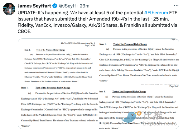 以太坊 ETF 发行商「连夜赶工」,市场情绪仍高涨插图1 以太坊 ETF 发行商「连夜赶工」,市场情绪仍高涨
