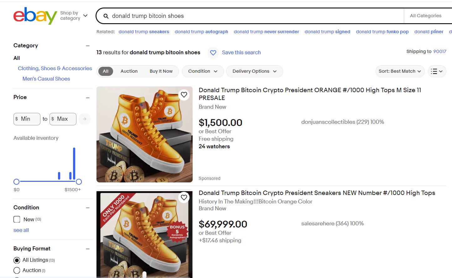 特朗普「带货」比特币主题运动鞋,黄牛炒至2500美元插图2 特朗普「带货」比特币主题运动鞋,黄牛炒至2500美元